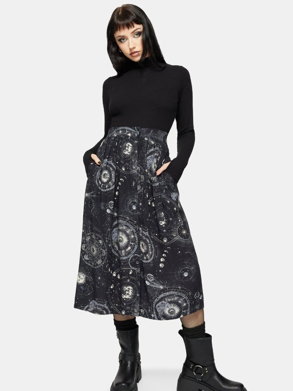 Disturbia Elise Celestial Print Button Down Midi Skirt, Size 6